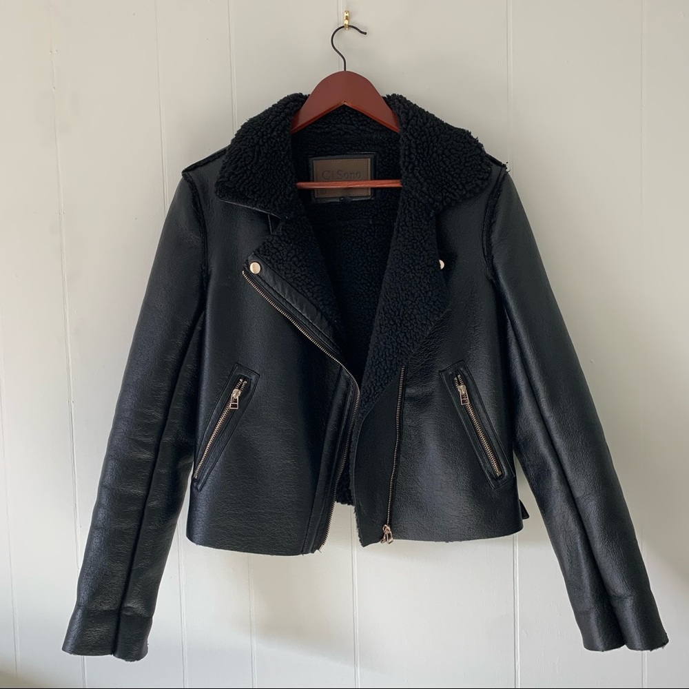 Faux leather shearling biker jacket